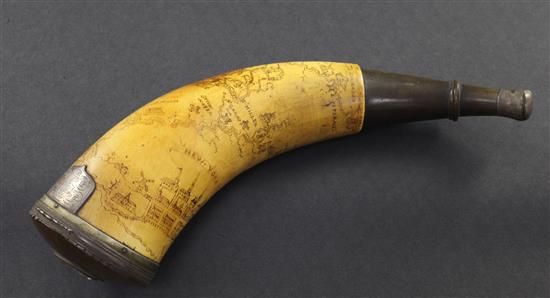 An American Revolution scrimshaw horn powder flask, 11in.